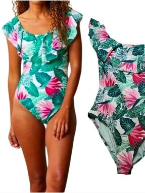 Matilda Jane Palm Tree Paradise Ruffle One Piece Swimsuit Tropical Print Size L